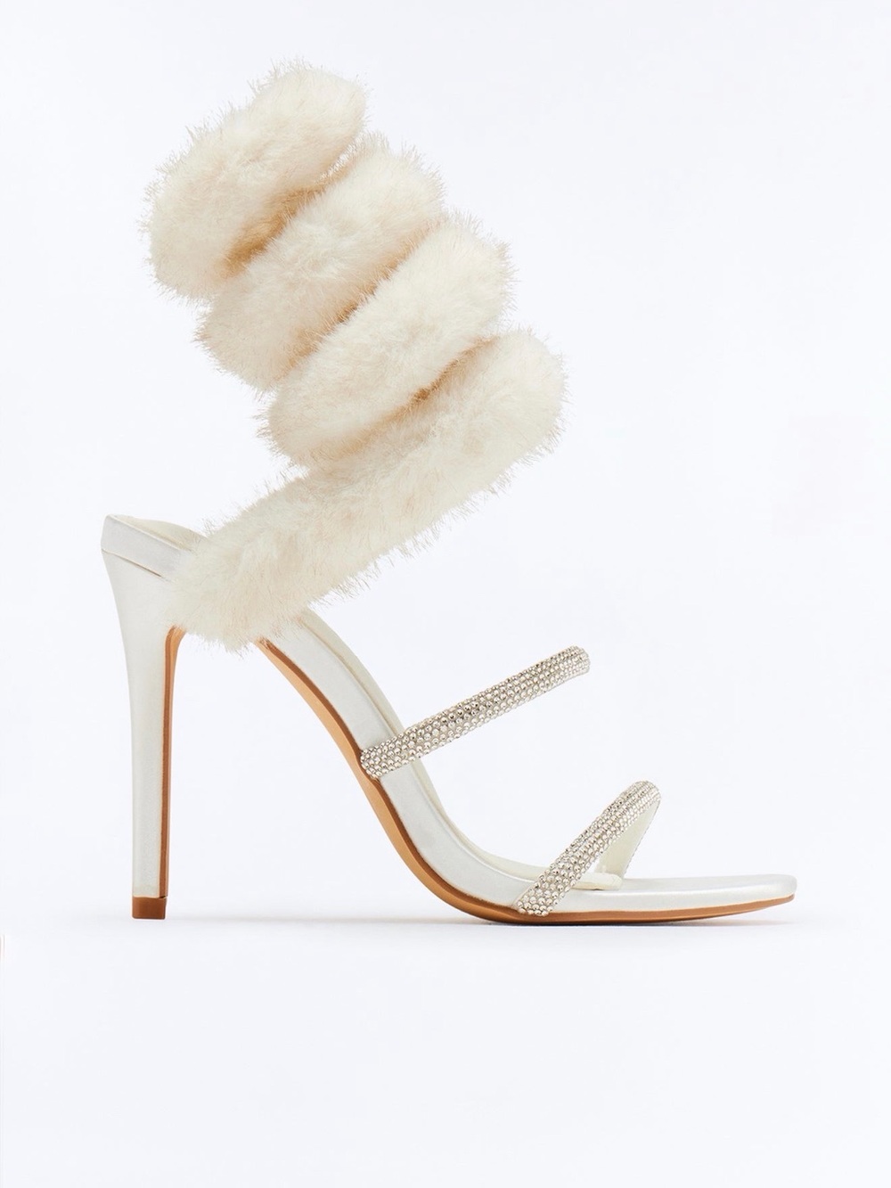 Fashion Nova Ivory Fur Strap Crystal Stiletto